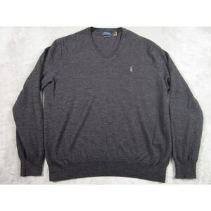 Polo Ralph Lauren Sweater Mens XL Gray Merino Wool‎ V Neck Pullover Preppy